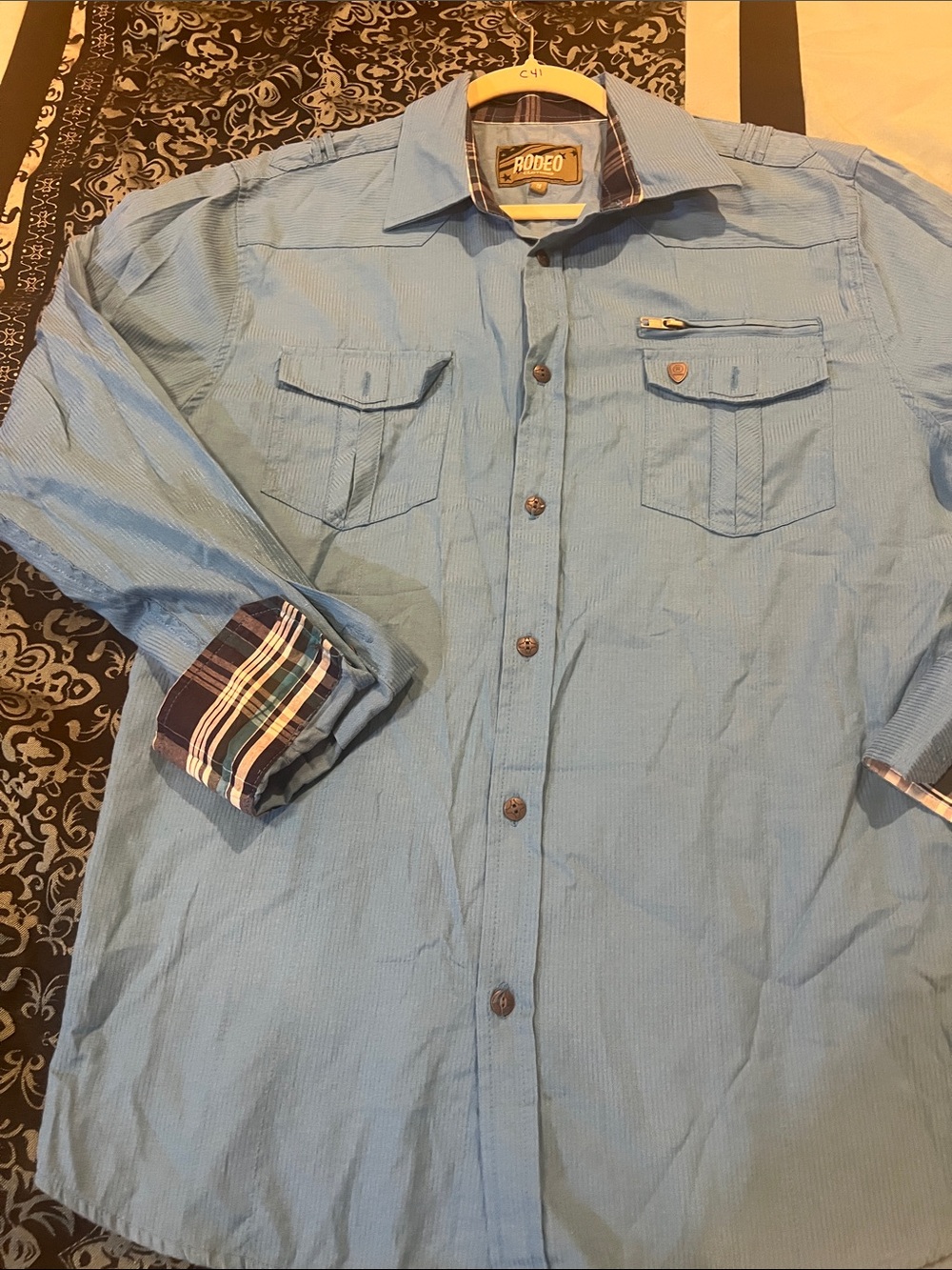 Rodeo Light Blue Button-Up Shirt with Plaid Cuff Detail - Picture 3 of 8